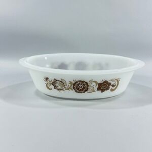 VTG Glasbake Casserole Dish J-154 2 Qt White Brown Floral Milk Glass Retro USA